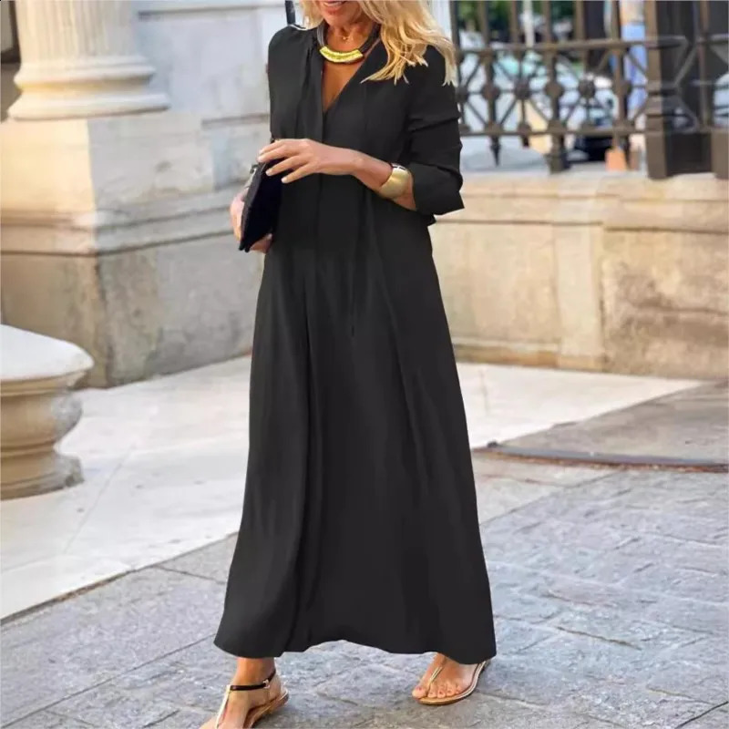 Womens Dress With Solid Color Lapel Long Sleeved Simple Casual Tie V-neck Long Shirt Loose Fitting Womens Dress Y2k 240824