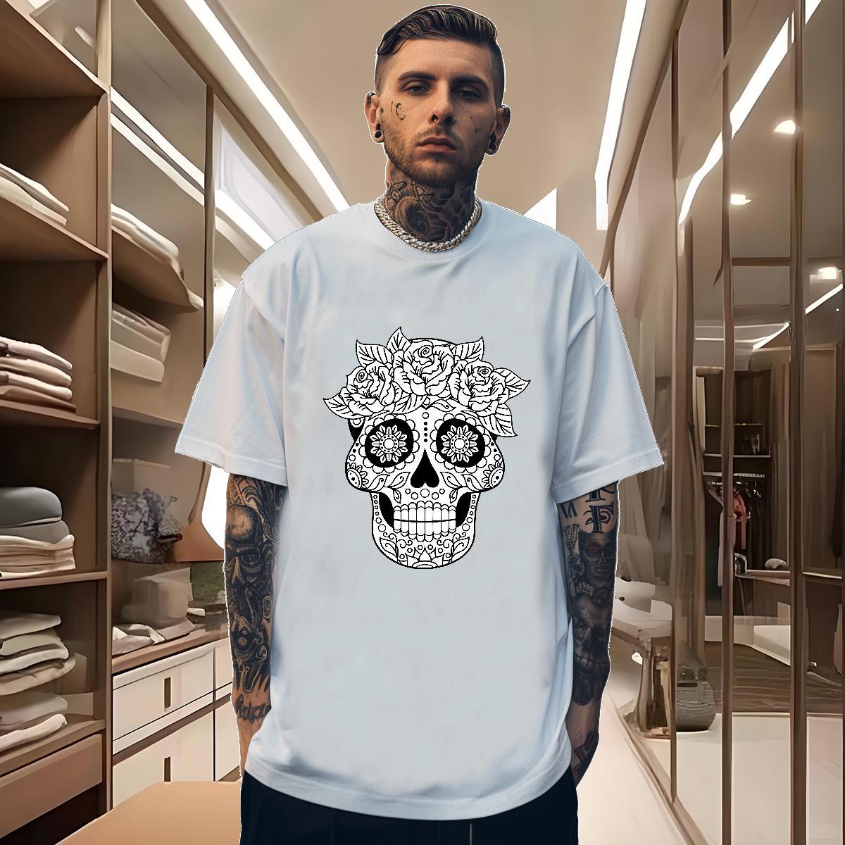 TOP Quality Mens T Shirts 230g Pure Cotton skull Street wear Hip Hop Floral Print Breathable Crew Neck Men Tees New Arrival Tee Shirt