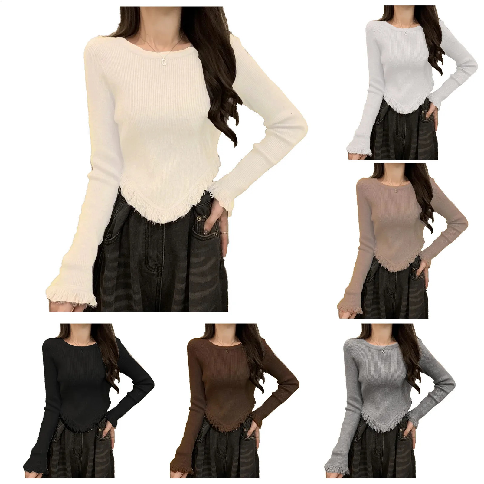 irregular Korean Style Knitted Sweater pullover Tassel T Shirt Women Long Sleeve Shirt Y2k Vintage Streetwear E Crop Tops 240824