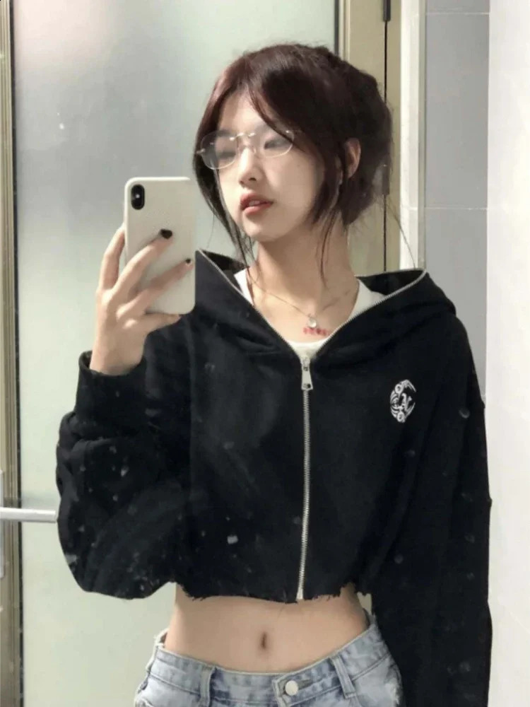 Streetwear Hoodies Women Harajuku Casual Hooded Zipper Jackets Crop Tops Ropa Mujer Casual Korean Fashion Y2k Sweatshirt 240824