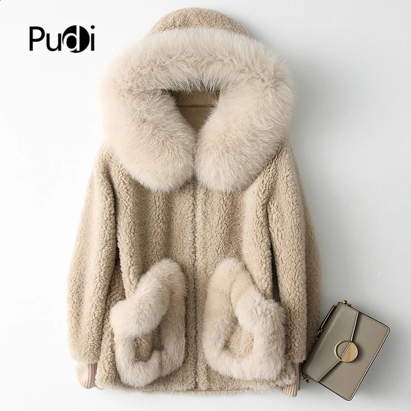 PUDI A18103 Womens Winter Wool Warmth Genuine Fox Fur Coat Long 240824