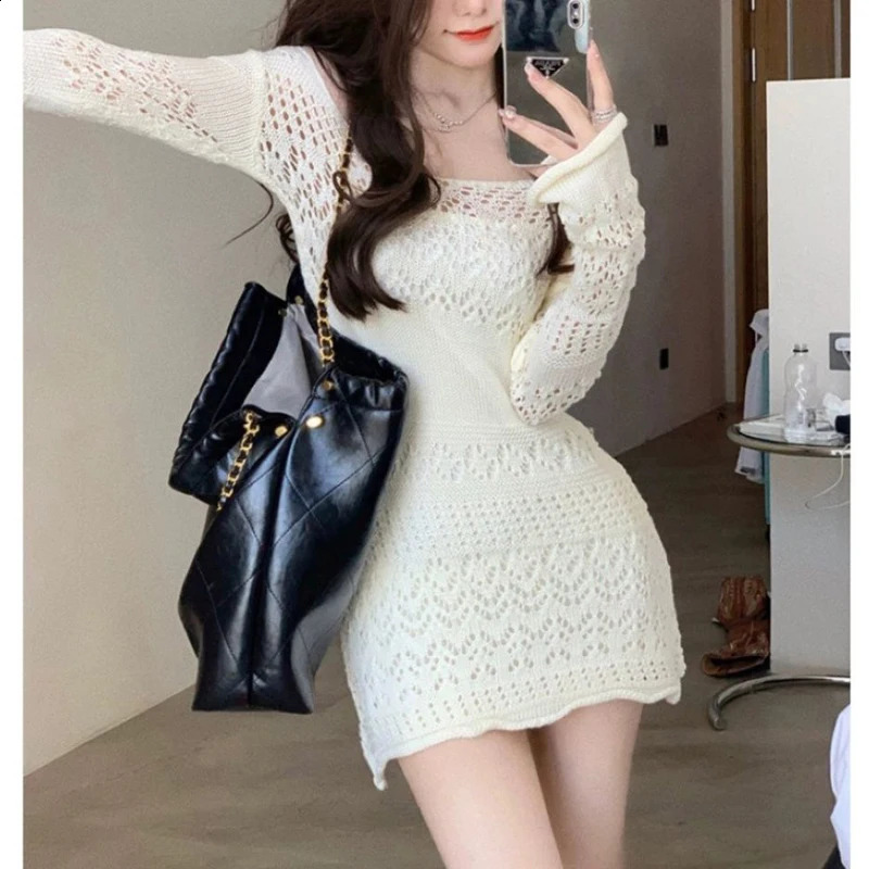 Sexy hollow open top high waist elegant knitted womens fashion Y2K sweet solid Vneck long sleeved club mini dress 240824