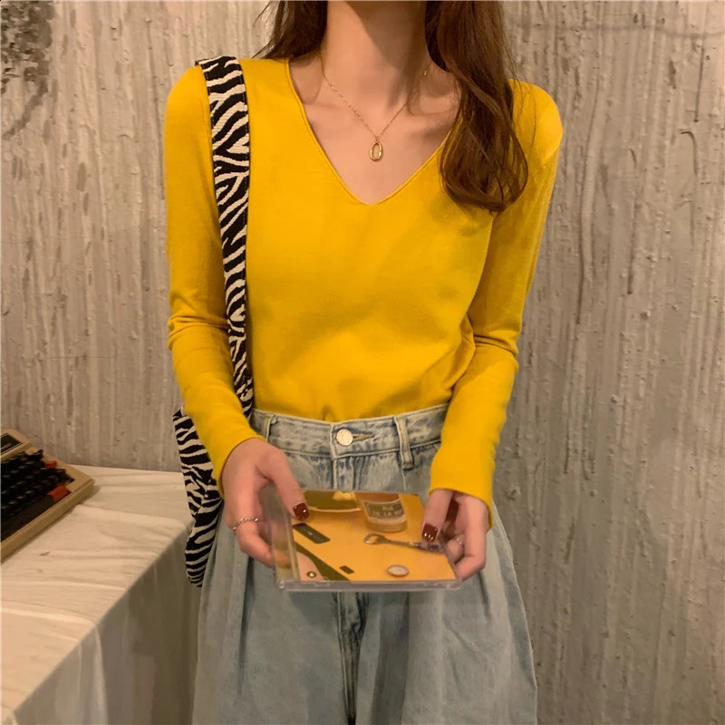 V-neck Sweater for Women Pullovers Long Sleeve Regular-fit Plain Jumper Knitwear Teen- Fall Winter Basic Outfit 240824