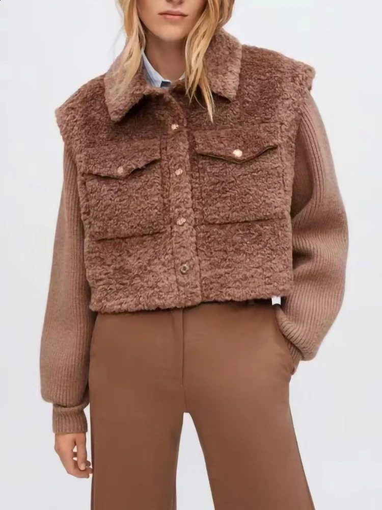 IOO Winter Thick Warm Wool Womens Coat Knitted Splicing Collar Pocket Artificial Fur Short Top 240824