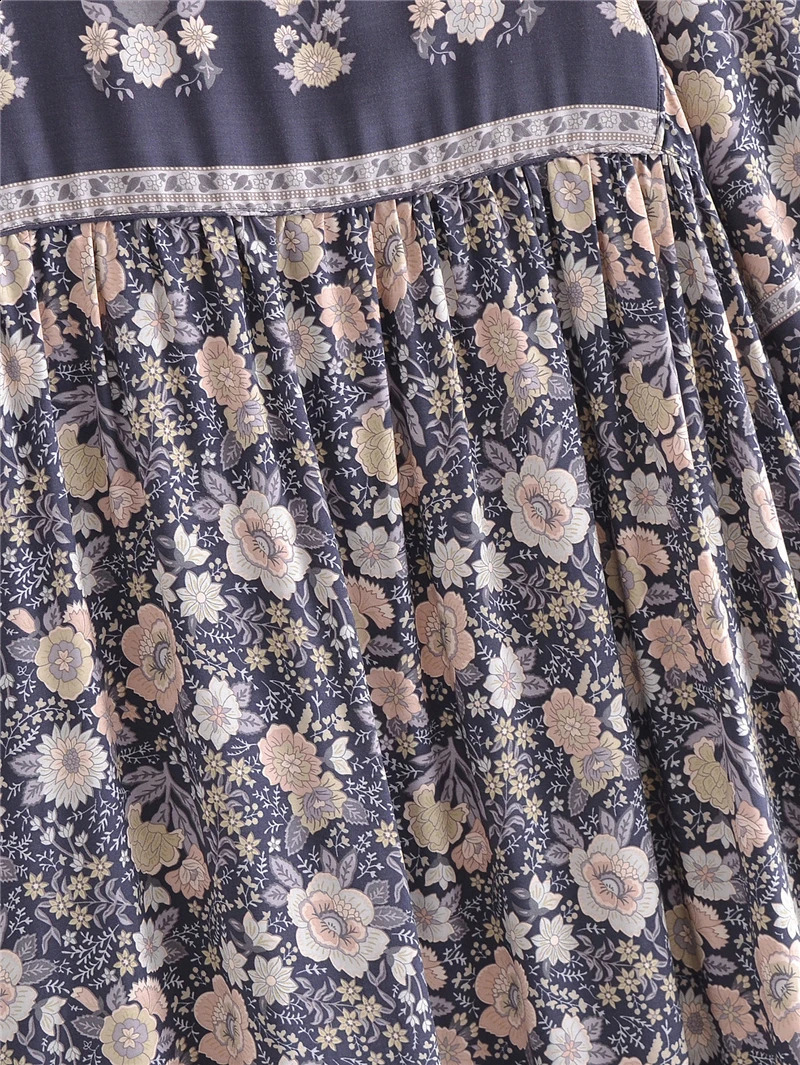 Grey Floral Print Vintage Women V-neck Lantern Sleeve Tassel Beach Bohemian Maxi Dresses Ladies Rayon Boho Dress Robe Vestidos 240824
