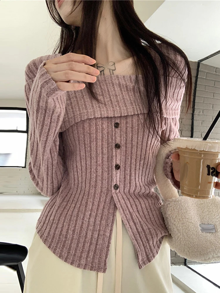 Off Shoulder Knit Pullover Women Chic Casual Slim Gentle Tops Female Spring Square Neck Solid Long Sleeves Knitwears Lady 240824