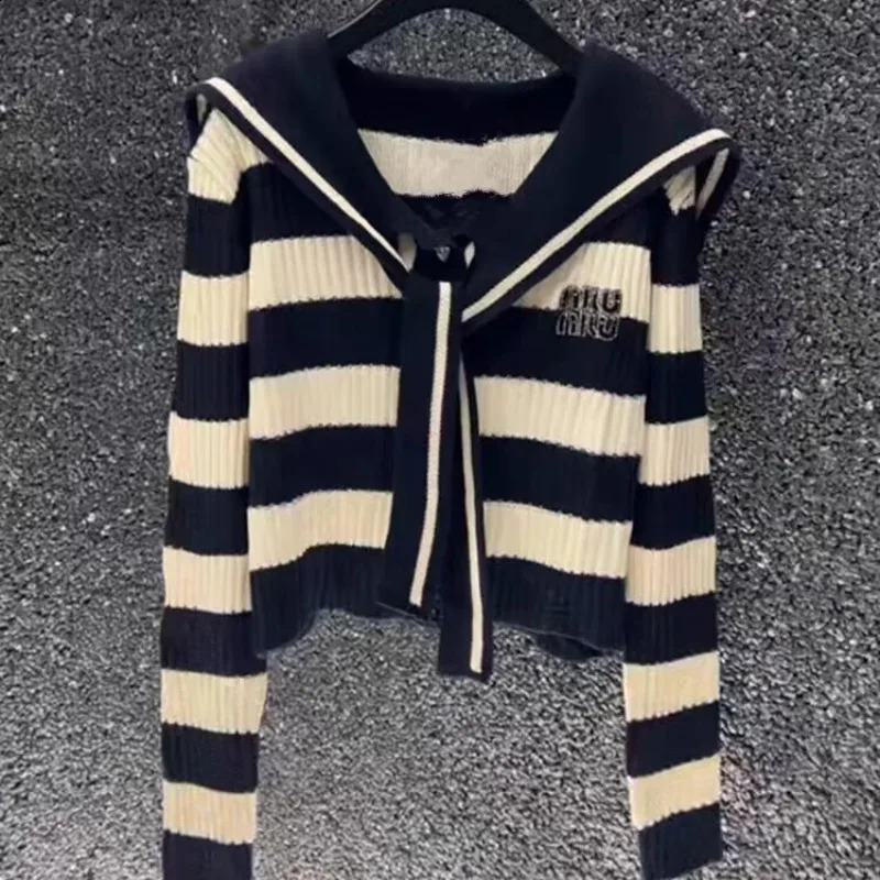 Womens Cardigan Button Autumn and Winter Navy Neck Striped Patchwork Knit 2023 Slim Sequined Long Sleeve Sweater Coat Tops 240824