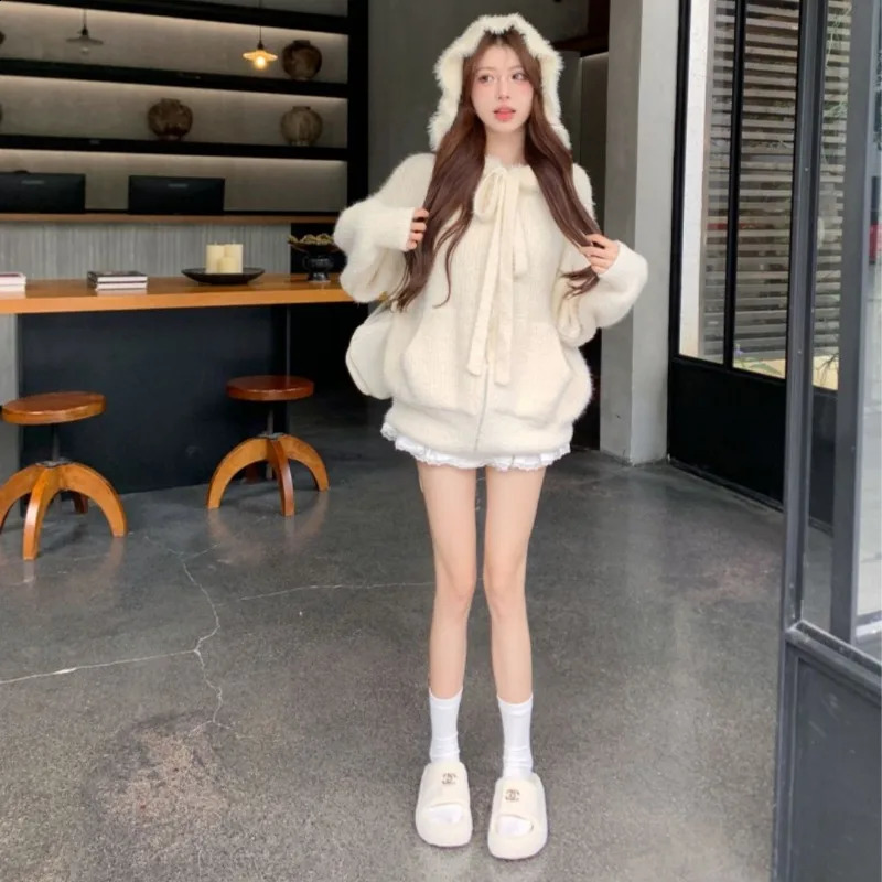 Sweet Hooded Knitwear Women Korean Lace Up Soft Glutinous Academy Fashion Gentle Solid Lazy Warm Winter Female Sweater Coat Top 240824