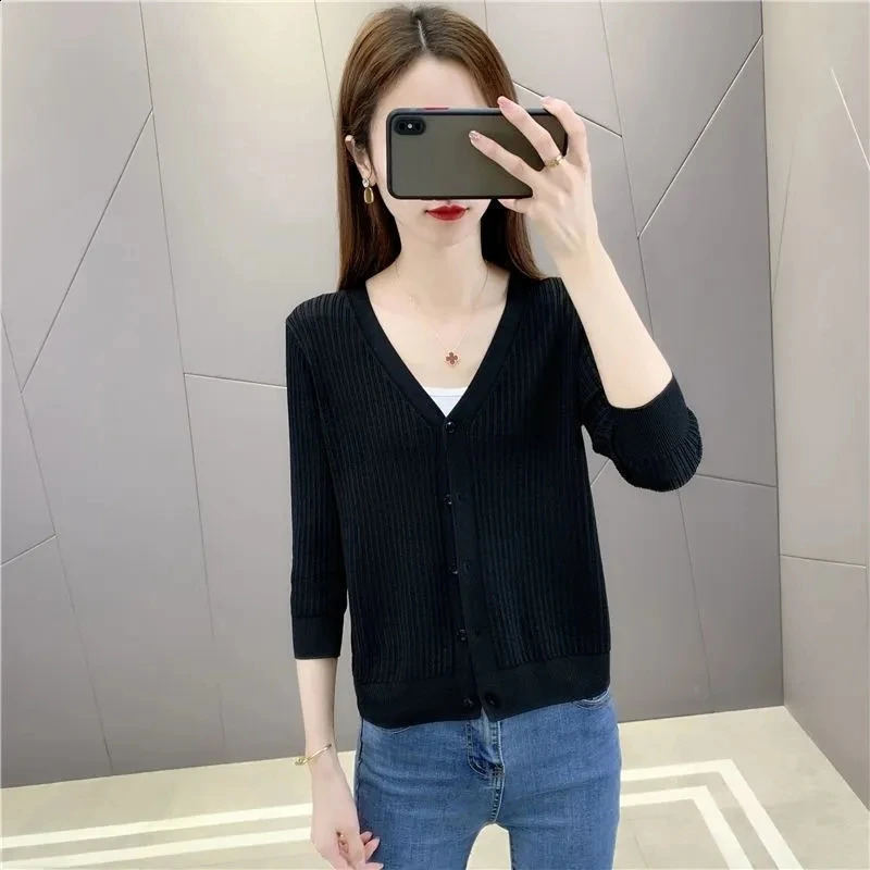 Plus Size Womens Knitted Cardigan Summer Thin Ice Silk Solid Short Loose V-Neck Sun Protection Hollow Top Ropa De Mujer Ofertas 240824