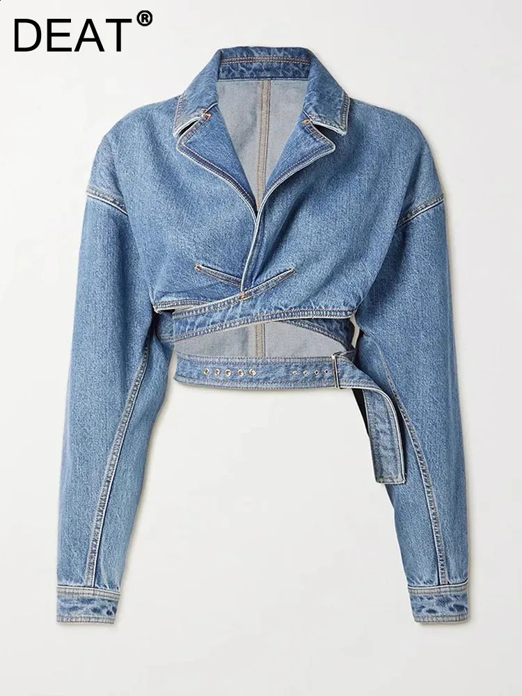 DEAT Women Denim Jackets Notched Collar Long Sleeve Crossed High Waist Spliced Belt Short Coat Summer Fashion 7AB3526 240824