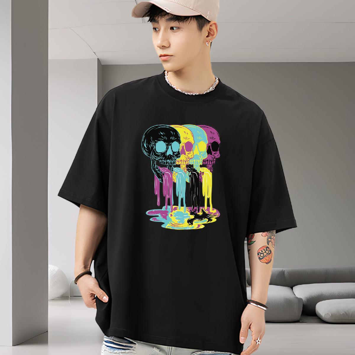 Soft Men T Shirts 230g 100% Cotton skull High Street Hip Hop Custom Print Oversized Breathable Short Sleeve Men Tees Classic Casual Tops