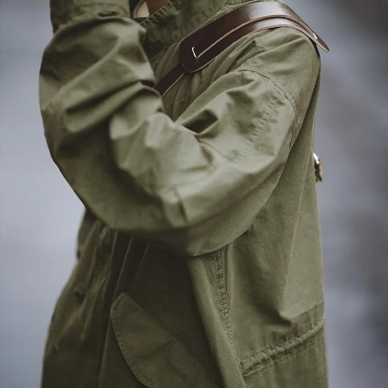 Maden Mens Vintage M51 Fishtail Green And Camel Trench Coat Woven Waist Rope Midlength Oversized Loose for Men 240824