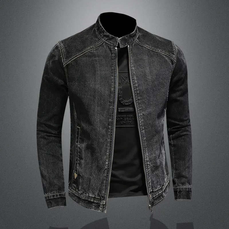Mens retro stand up collar pilot jacket denim bomber Plus size 5XL slim fit zipper fashionable mens bicycle 240824