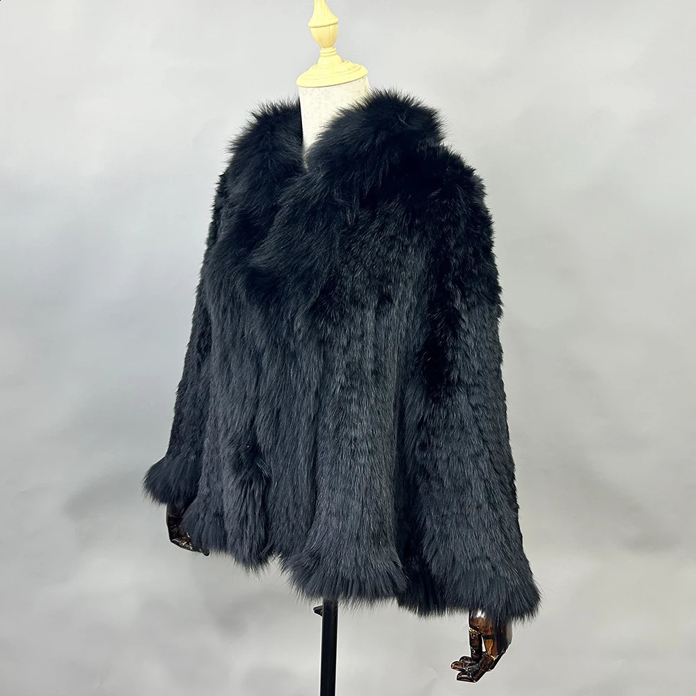 Genuine Natural Knitted Rabbit Fur Shawl Coat With Fox Collar Womens Fashion Knit Jacket Cape 251022
