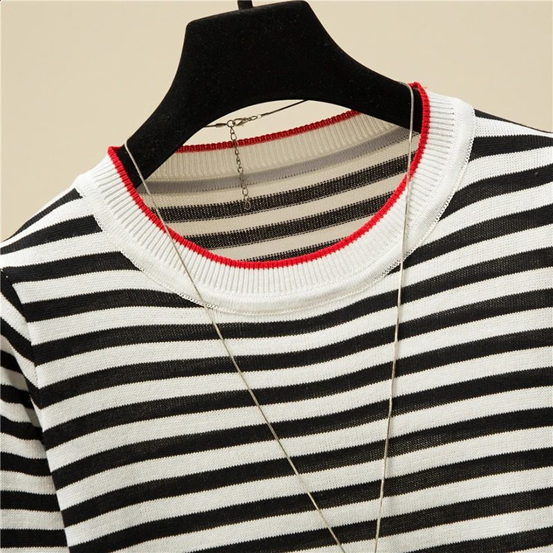 Knitting Sweater Womens O Neck Loose Long Sleeve Thin Soft Pullover Tops Femme Striped Basic Casual All-match Knitwear Female 240824