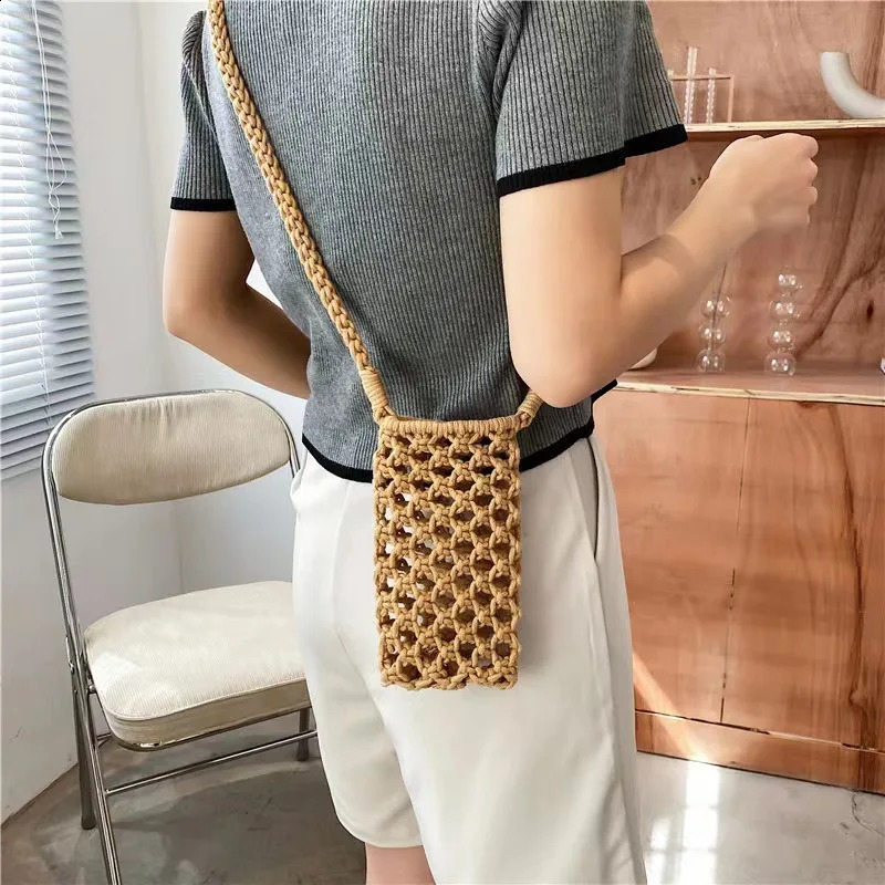 Women Fashion Small Crossbody Phone Bag Solid Color Hollow-out Woven Crochet Lightweight Braided Shoulder Handbag 240824