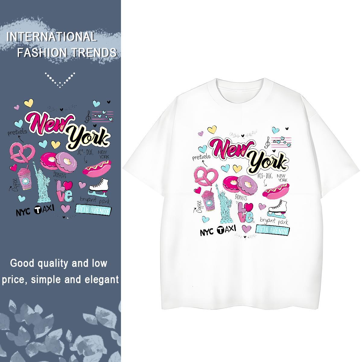 Loose fit Woman Tshirt 230g Pure Cotton New York Summer Casual Woman T Shirts Breathable Cartoon Printing L-4XL Clothings