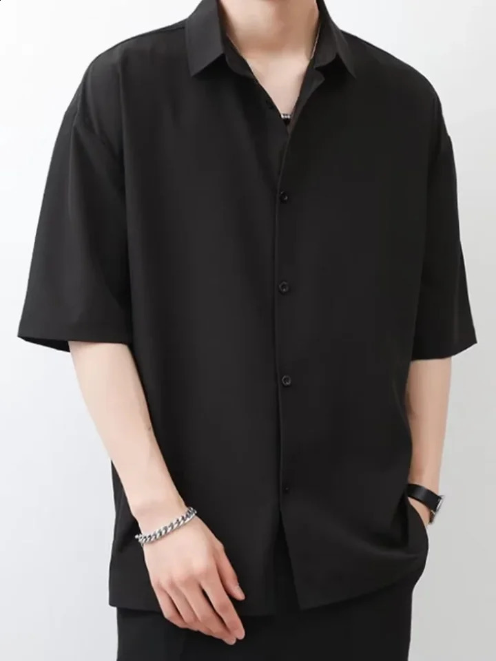 Summer Thin Ice Silk Short Sleeve Shirt Men Trendy Simple Pure Color Loose Casual Top Black White Gray Teens Adults 240824