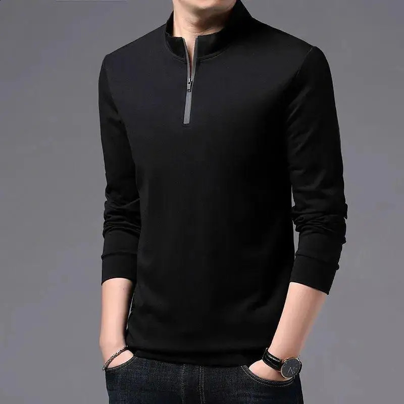 Business Casual Men Solid Zippers Polo Shirts Spring Autumn Male Clothes Long Sleeve Loose Stand Collar Fashion Versatile Tops 240824