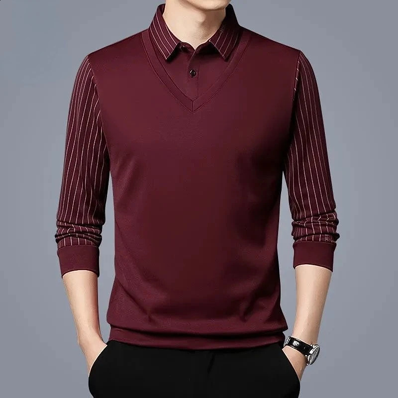 Mens T-shirt Turn-down Collar Spring Autumn Long Sleeve Button Stripe Print Fashion Polo Tees Casual Tops 240824