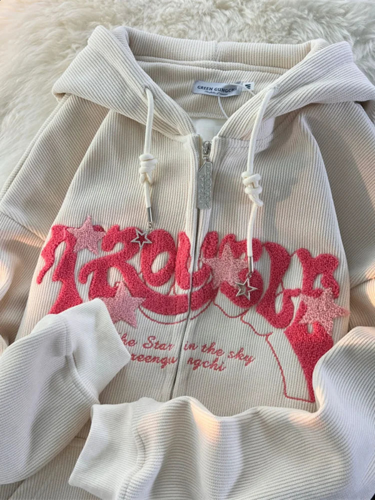 Vintage Streetwear Zip Up Tops Oversized Star Graphics Print Hoodies Women American Retro Graphic Hooded Sweatshirts 240824
