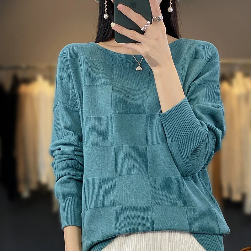 Autumn Winter Women 100% Cotton Soft Sweater Round Collar Square Pattern Pullover Loose Fashion Knitwear Casual Base Top 240824