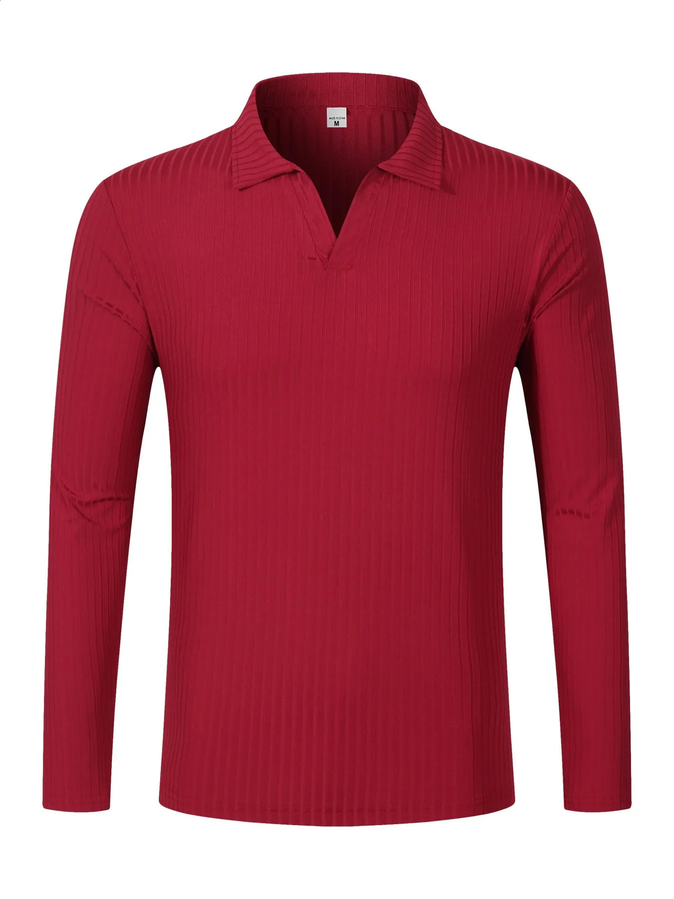 mens spring and autumn casual striped long sleeve top V-neck loose polo shirt 240824