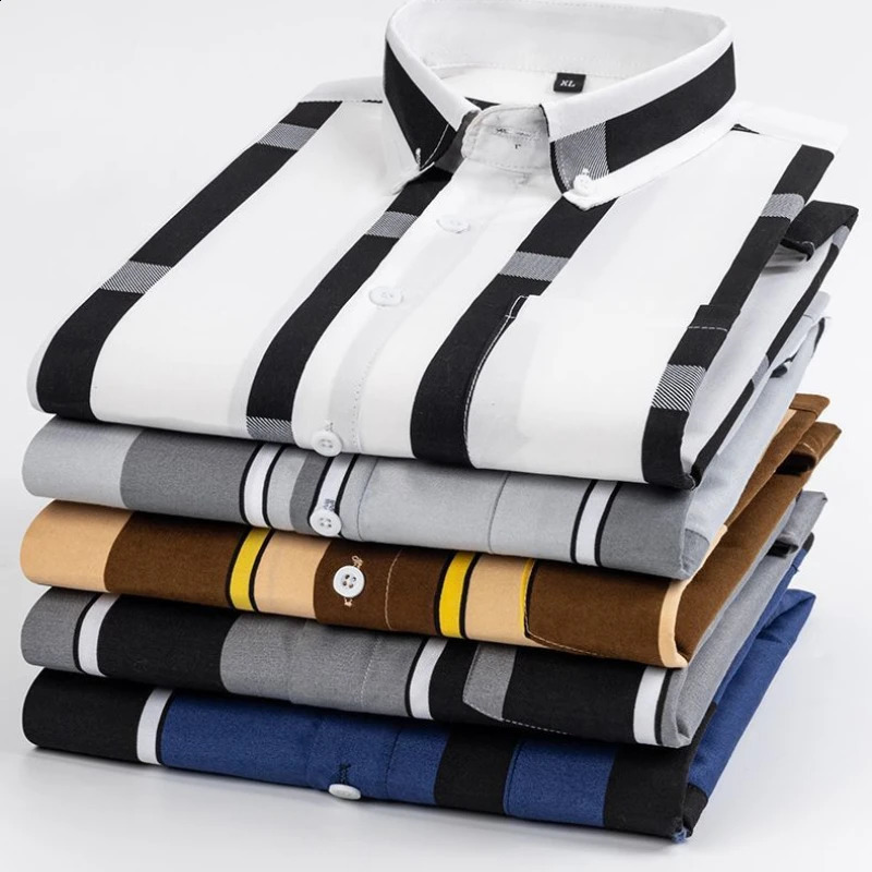 Spring Autumn Fashion Printing POLO Collar Long Sleeve Mens Clothin Shirts Korean Loose Striped Thin Style Pocket Blouse 240824