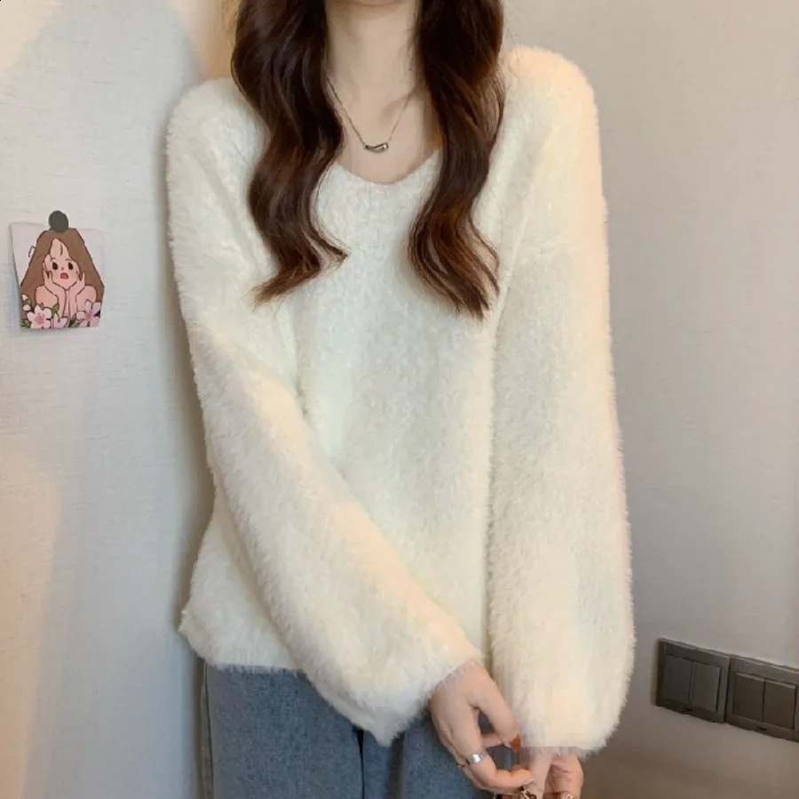 Knitted Sweater Korean Fashion Women Preppy Mink Hair Pullover Autumn Winter Casual Loose Sweet Top Long Sleeve Warmth Knitwear 240824