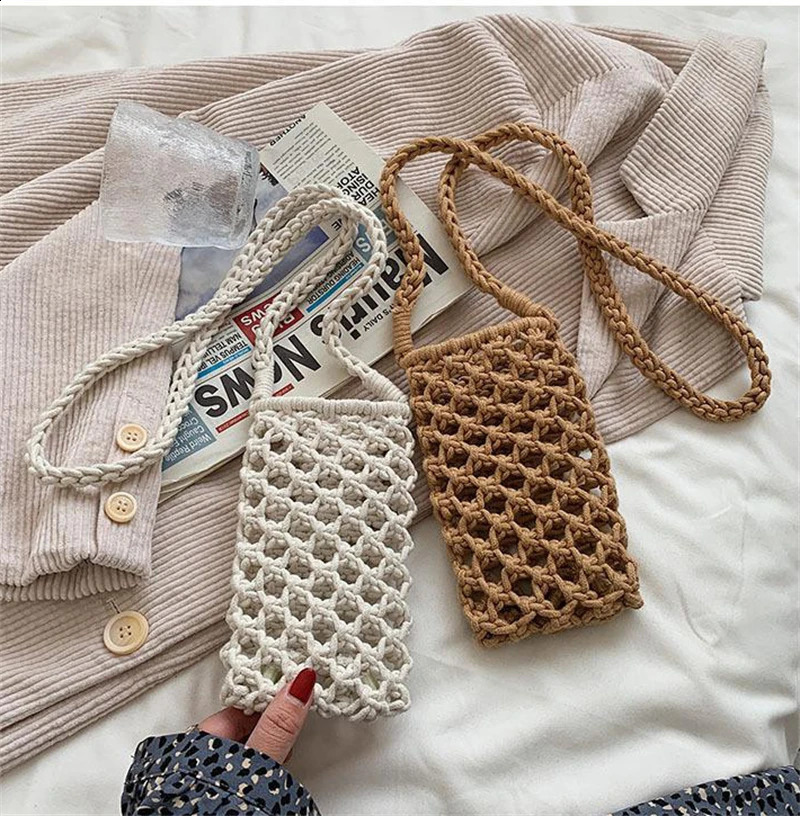 Women Fashion Small Crossbody Phone Bag Solid Color Hollow-out Woven Crochet Lightweight Braided Shoulder Handbag 240824