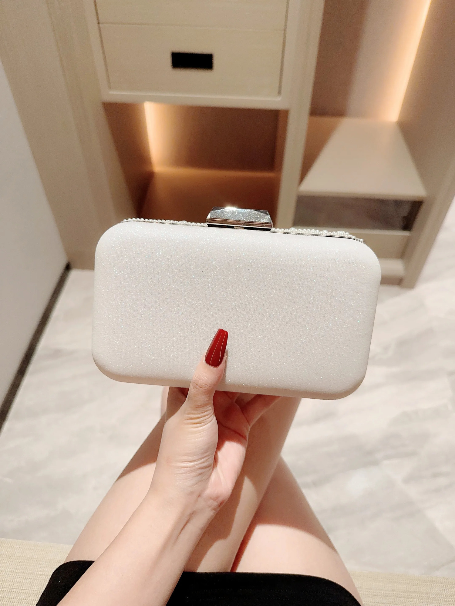 Pearl Square Box Type Evening Bag Beaded Clutch Chain Banquet Dress Wedding 240824Z