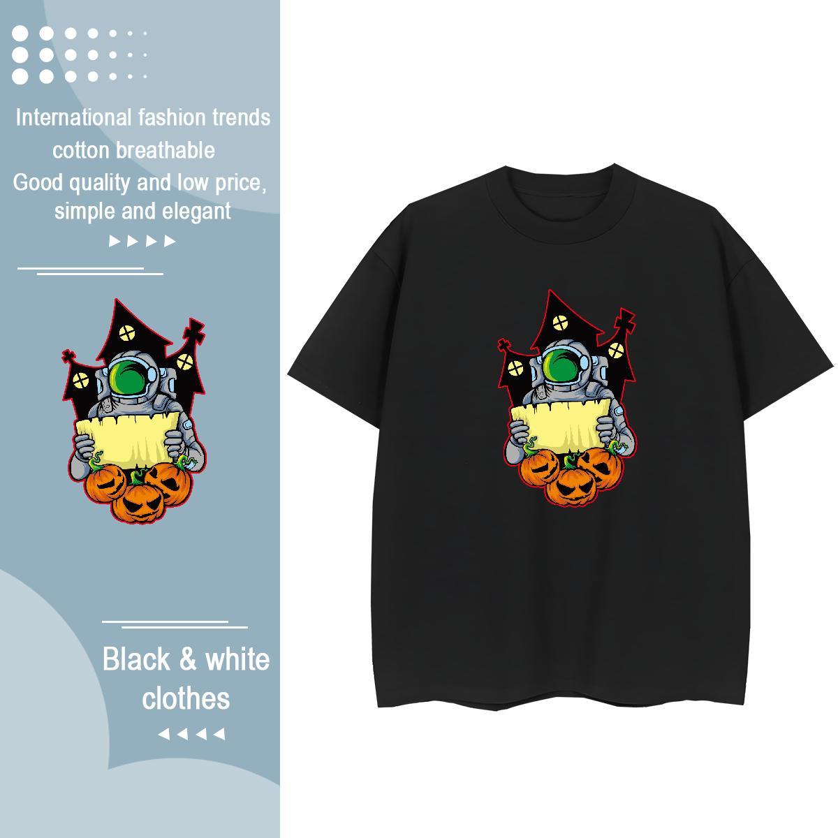 Loose fit Women Tshirts 230g Cotton cosmonaut Summer Casual T shirt O Neck Short Sleeves Black White Tee Shirt