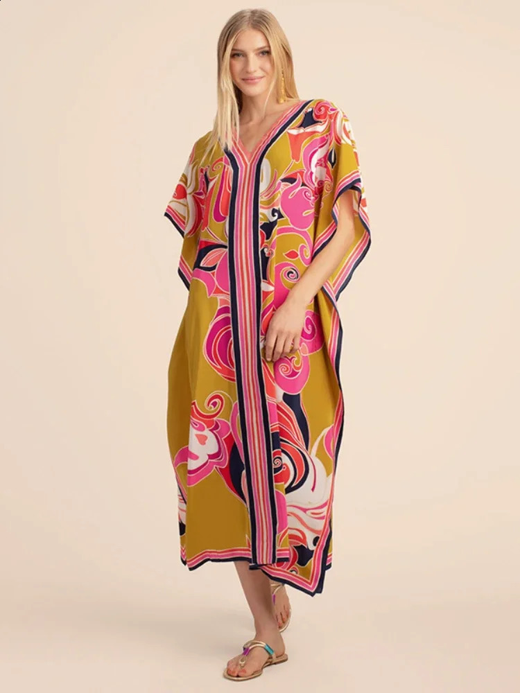 Printed Kaftans Womens Beach Cover Beach Maxi Bohemian Dress Beach Wear Pareo Swimsuit Factory Supply Direct 240824