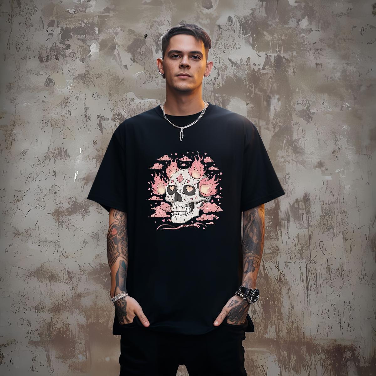 High Quality T Shirts Men 230g Cotton fire Anime Printing Street White Plus Size Breathable Short Sleeve Men Clothes T-Shirt Casual New Wear