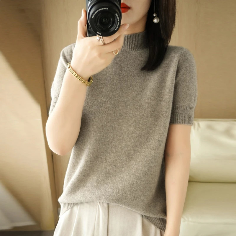 Spring Autumn Women Sweater Casual Warm Bottoming Shirts Mock Neck Basic Knitwear Short Sleeve Pullovers Korean Fashion Jumper 240824