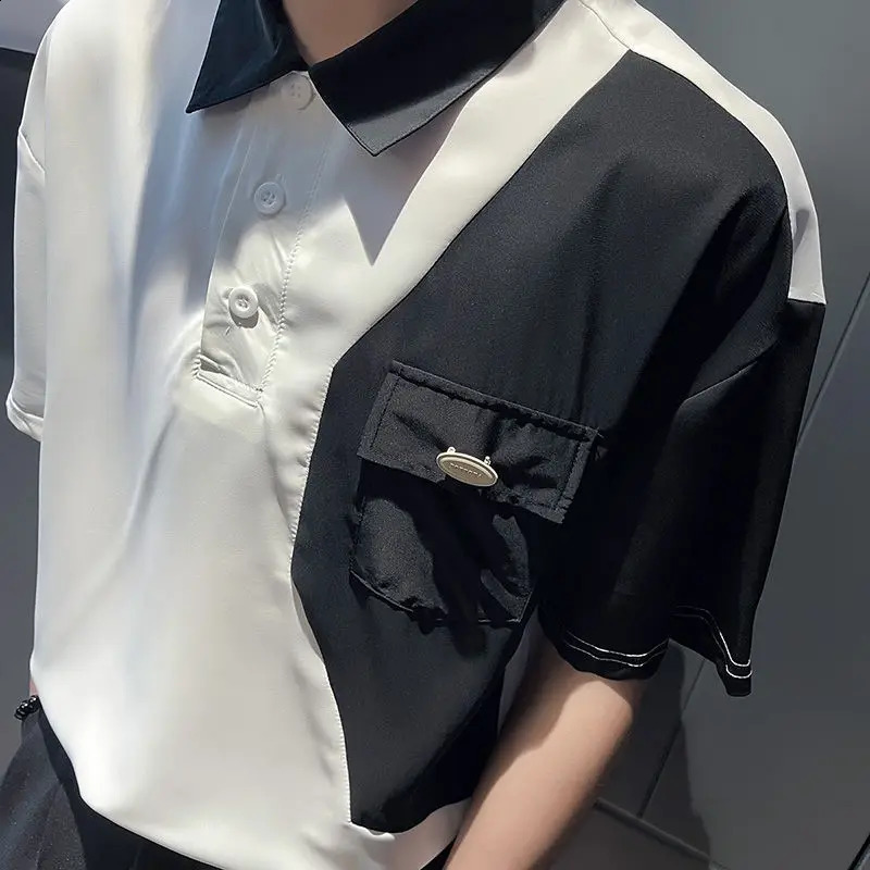 Summer Thin Fashion Short Sleeve Lapel Mens Trend Korean Version Casual All-match Contrasting Colors Spliced Pocket POLO Shirt 240824