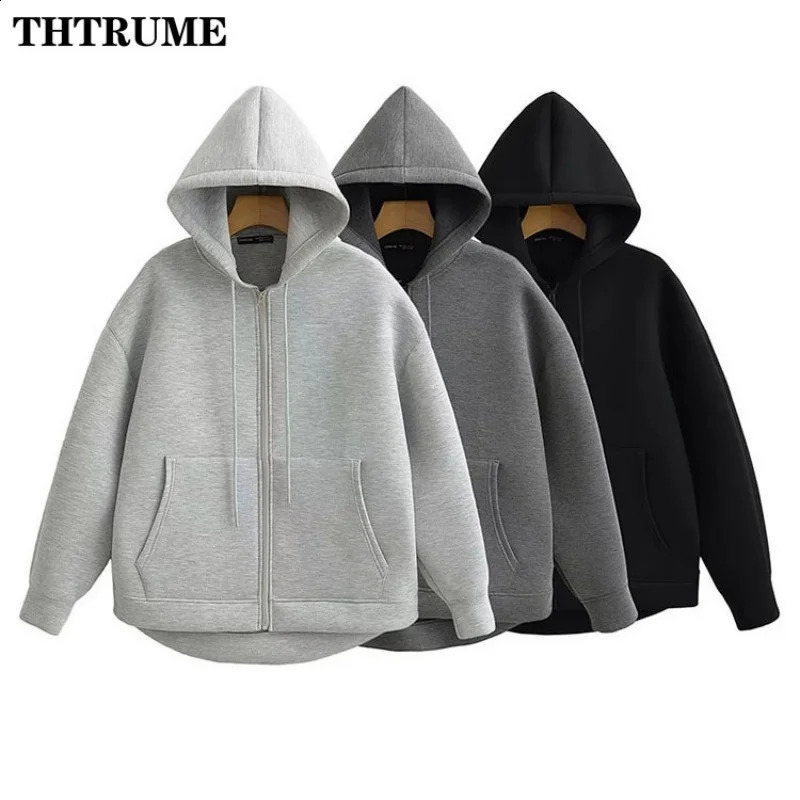 Winter Autumn Women Chic Hoodies Fashion Solid Zipper Oversized High Street Hooded Casual Office Lady Outwear Sweatshirts 240824