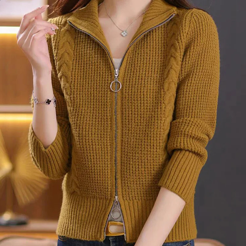 Women Clothing Vintage Stand Collar Knitwear Fashion Loose Double Zipper Long Sleeved Knitted Cardigan Sweater Autumn Winter Top 240824