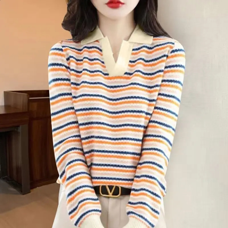 Korean Women Clothing Fashion Bottoming Stripe Sweaters Spring Autumn Long Sleeve Casual All-match V-Neck Knitted Pullovers Tops 240824