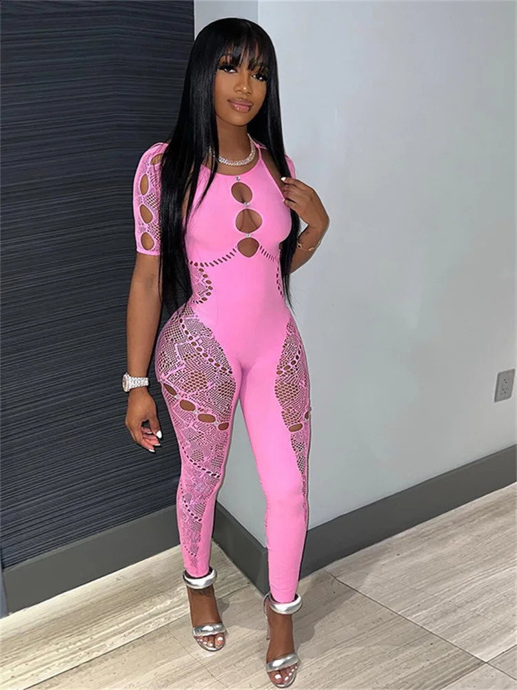 Sexy Outfits Streetwear Jumpsuits for Women Short Sleeve Bodycon Rompers Jumpsuit Skinny Pink Mesh See Though Onepiece Overalls 240823