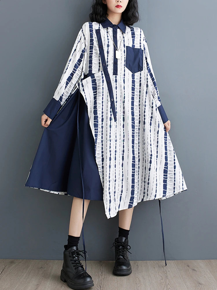 XITAO Loose Asymmetric Print Shirt Dress Fashion Contrast Color Patchwork Women Autumn Trend Striped Irregular Dress DMJ4164 240824