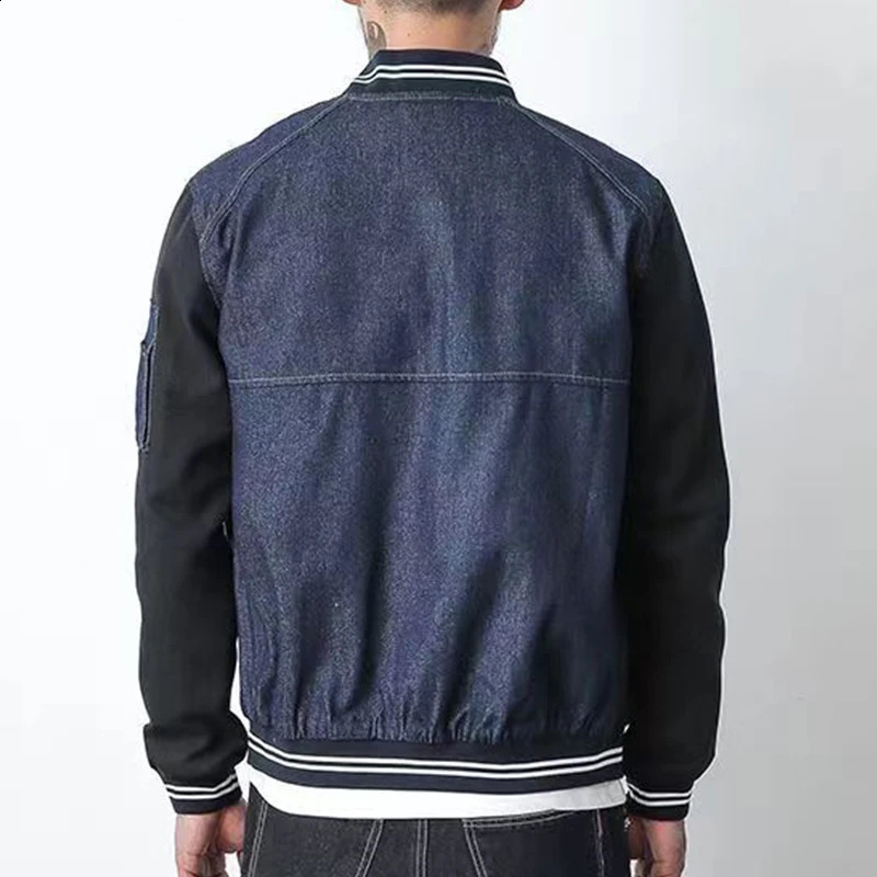 Japanese style mens patch workwear sleeves denim baseball jacket stand collar springsummer casual 240824