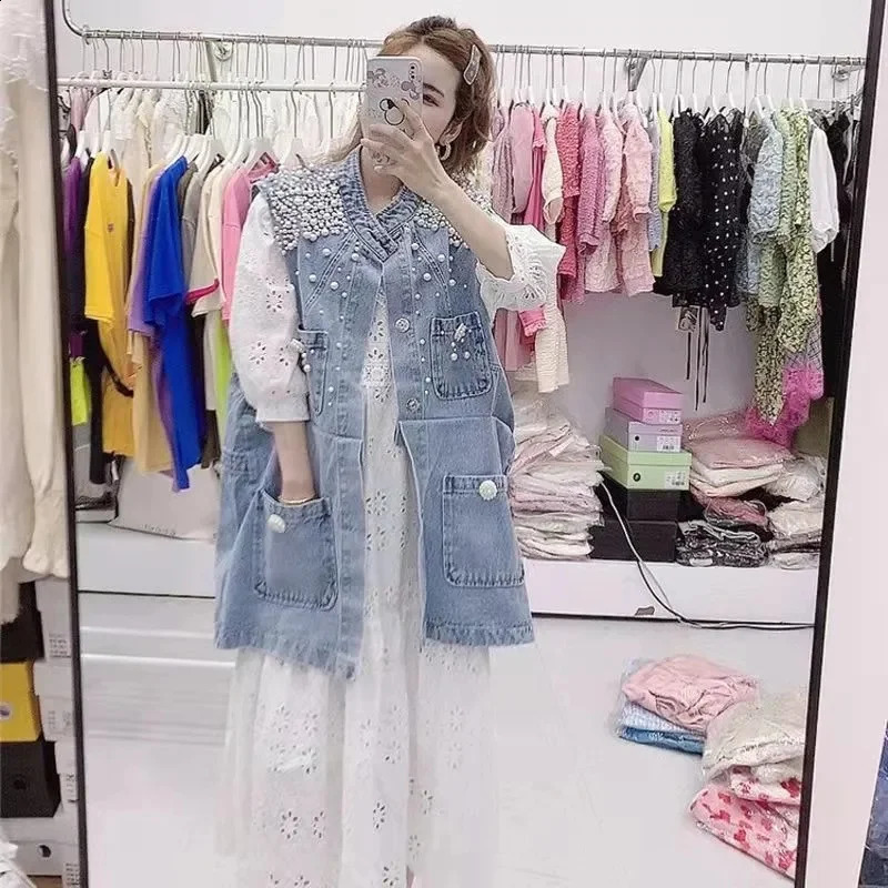Womens Denim Vest Coat Pearl Denim Waistcoat Korean Fashion Cardigan Jacket Loose Pearl Button Vest Sleeveless Jacket 240824