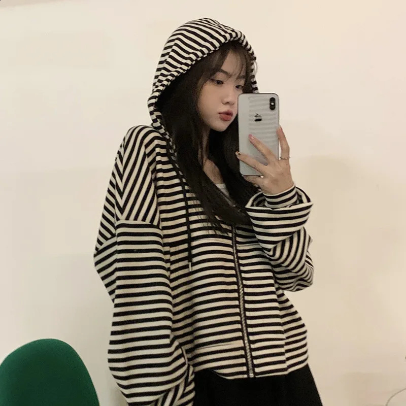 Striped Casual Loose Long Sleeve Zipper Womens Hooded Sweatshirts Korean Fashion Female Hoodies Autumn Sweater Streetwear Y2k 240824