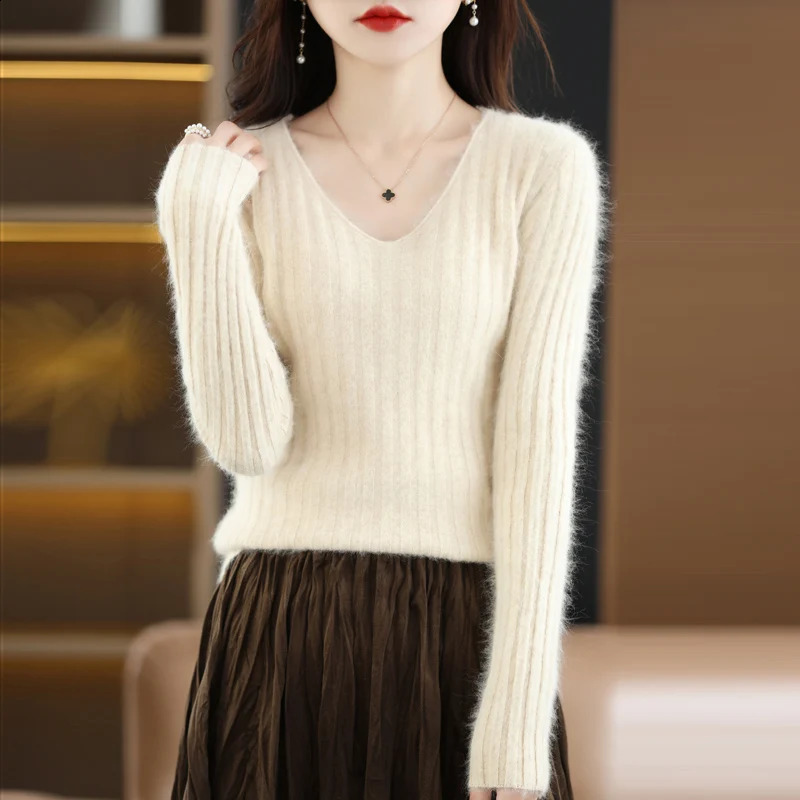 100% Mink Cashmere Womens Sweater Knitted Long Sleeve Pullover V-neck Slim Fit Undercoat Soft Fashion Womens Top 240824