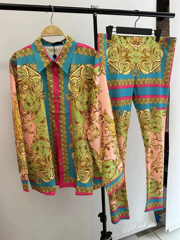 Retro geometric print lapel loose shirt two-piece set 2024 summer womens elastic waist elastic tight pants fashion set 240824
