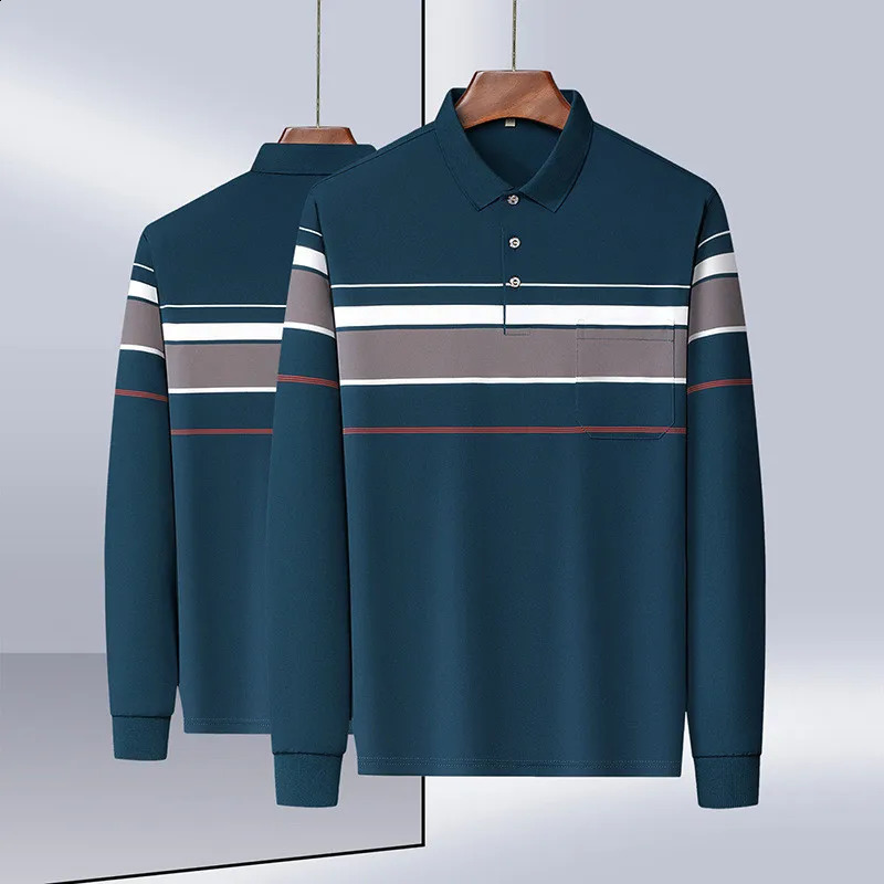 Autumn Cotton Polo Shirt Men Long Sleeve Striped Men Clothing Loose Fit Casual Golf Shirt Korean Business T-shirts 240824