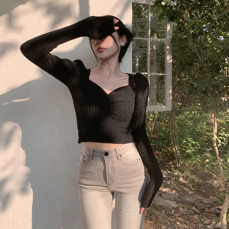 Womens Sweater Solid Colour Korean Version V Neck Slim Fashion Versatile Puff Long Sleeve Knitted T-Shirt 240824