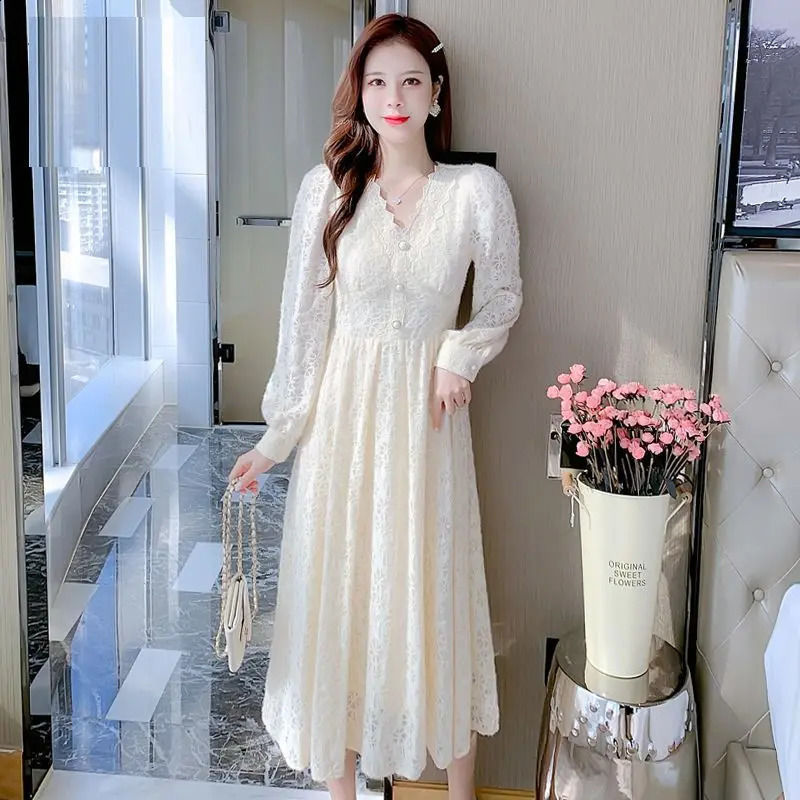 Autumn and Winter Female Elegant V-collar Mid-Length Tweed Dress Womens Lace-up Long Sleeve Waist-Slimming T686 240824