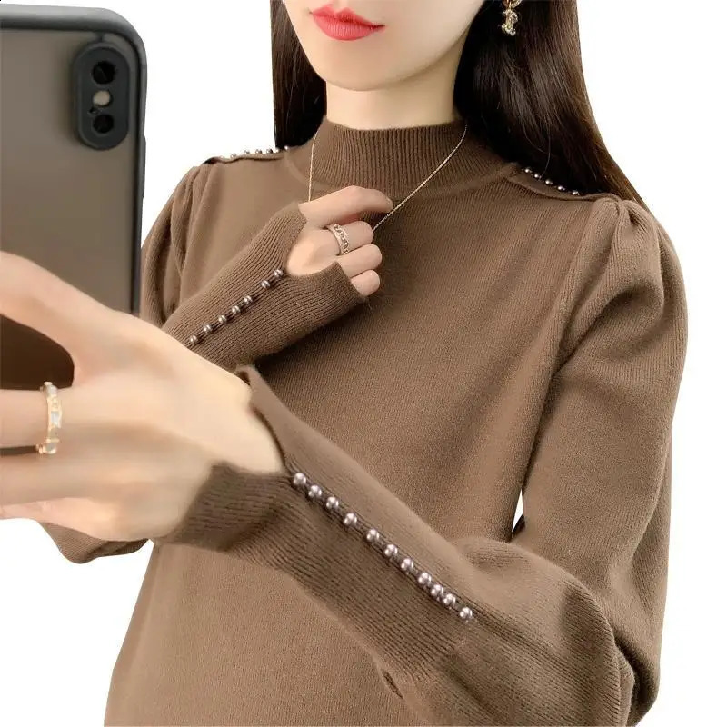 Half-turtleneck Beaded Sweater Womens Base Layer Autumn and Winter Pullover Puff Sleeve Knit Top 240824
